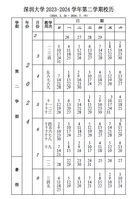 深圳大学20232024学年第二学期校历