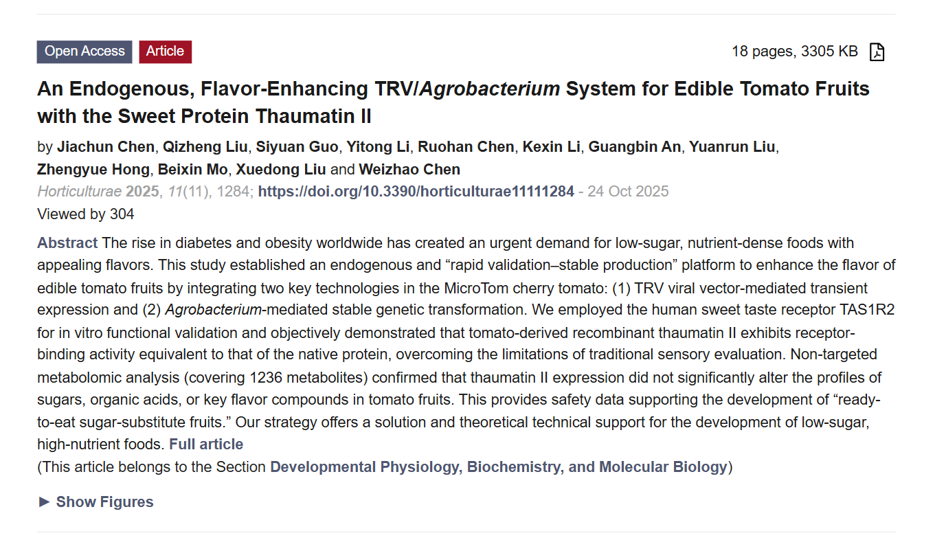 深圳大学iGEM团队本科生在国际期刊《Horticulturae》发表番茄风味增强研究成果